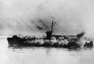 Us Navy Prints: A rocket ship of the US Navy pounds Japanese positions in a softening up prelude to