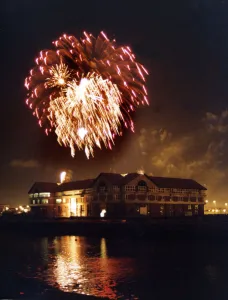 Rockets explode over Dunedin House during the Stockton Riverside firework display