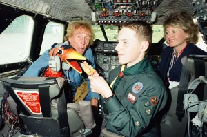 Rod Hull and Emu on the flight deck of a British Airways Concorde with Venture scouts