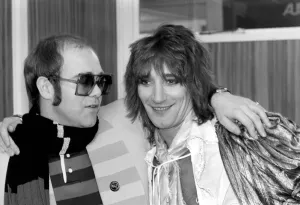Rod Stewart and Elton John. Pop superstars Rod Stewart and Elton John make it up back