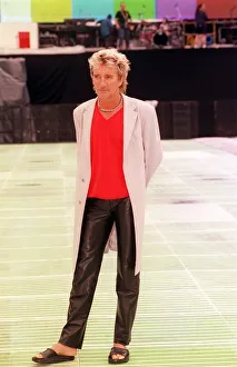 Rod Stewart Hampden photocall July 1999 wearing black leather trousers red v necked