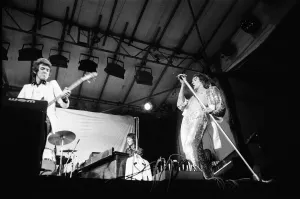 Rod Stewart right) bass player Ronnie Lane (left) Ian McLagan (keyboards- centre