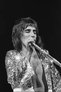 Rod Stewart singing onstage. The Faces featuring Rod Stewart perform