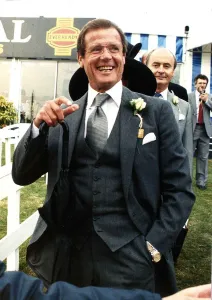 Races Prints: Roger Moore Actor At The Epsom Derby Horseracing July 1989