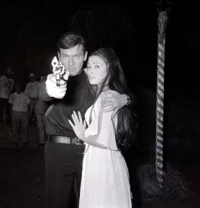Movies Prints: Roger Moore and Jane Seymour on the set of Live and let Die at Pinewood film studios 1973