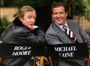 Roger Moore and Michael Caine on stage set - October 1989 On the filmset of