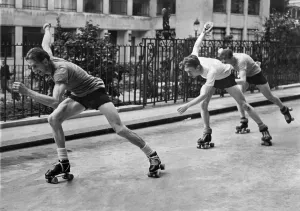Roller skating trials. Trials took place at Tower Hill to select the English team - in