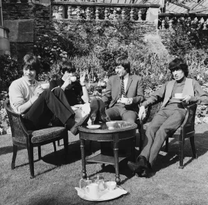 Socialising Prints: The Rolling Stones having a cup of tea in their hotel garden at Douglas