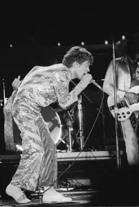 The Rolling Stones. Mick Jagger sings on stage with the Stones during a concert