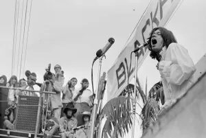 The Rolling Stones: Mick Jagger on stage at their free concert in London
