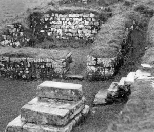 The Roman fort at Housesteads is being inspected by H. M. Office of works in January 1934