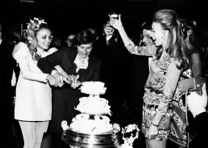 Civil Ceremonies Prints: Roman Polanski Film Director with his wife Sharon Tate cutting cake at their wedding