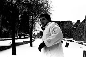 Rowan Atkinson during a flying a visit to Newcastle - having fun in the snow 14 / 01 / 87