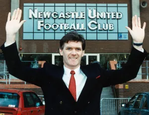 Arms Raised Prints: Roy Aitken seen here outside Newcastle Uniteds St James Park stadium January 1990