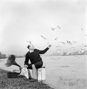 Record Player Prints: Roy Plomley Radio 4 desert Island Discs Presenter Jan 1967 looks shipwrecked on a desert