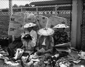 Asian Prints: Royal Ascot 1955, Family of Racegoers wearing Chinese style conical hats