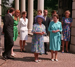 The Royal Family standing outside Clarence House on the 89th Birthday of the Queen Mother
