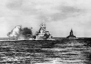 01442 Prints: The Royal Navy 32000 ton Renown Class cruiser HMS Renown firing a 15 inch salvo during