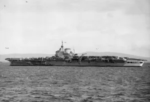 Photography Prints: Royal navy aircraft carrier HMS Victorious at anchor during the Second World War
