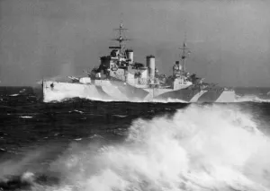 The Royal Navy County Class cruiser HMS London on Atlantic patrol during the Second World