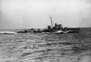 Royal Navy Hunt class destroyer HMS Brocklesby at sea during target practice in