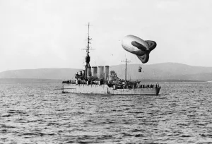 A Royal Navy light cruiser seen here operating a observation balloon given the nickname
