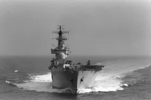 Royal Navy Ships HMS Invincible Aircraft Carrier sailing in the Northern Atlantic