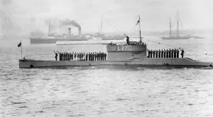 1937 Prints: Royal Navy submarine L27 give a salute from its crew at the Coronation review