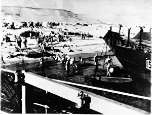 Regiment Prints: Royal Navy suppling water for the 8th Army in the desert A large ship in dock with