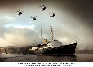 Helicopters Prints: Royal Yacht Britannia accompanied by four Royal Navy Sea King Helicopters as it sails up