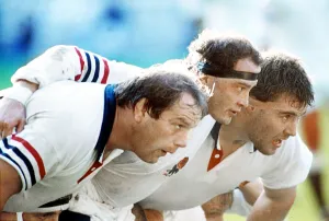 Rugby Englands front row Brian Moore Jason Leonard and Jeff Probyn