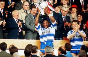 Rugby League Cup Final St Helens 8 v Wigan 13 Ellery Hanley of Wigan recieives