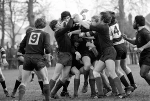 Rugby: The rugby union match. Saracens vs. Cardiff. February 1975 75-01042-003