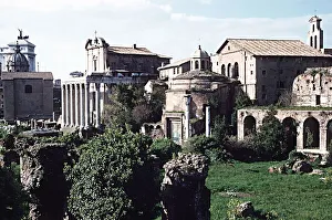 Ruins of the Temple of Antoninus and Faustina with Temple of Romulus on right Rome Italy