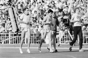 Runnings warm up ahead of Mens 1500 metres final at the 1980 Summer Olympics in Moscow