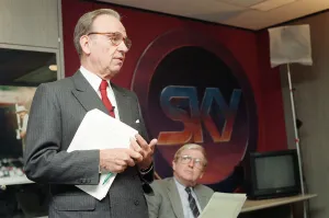 Rupert Murdoch (left) and Mark McCormack announce a deal in which Mr Murdoch
