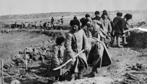 Russian army engineers seen here laying a track bed for a narrow gauge railway during