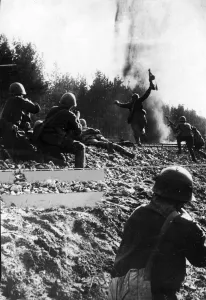 Russian army soldiers in action fighting against the German army on the Eastern front