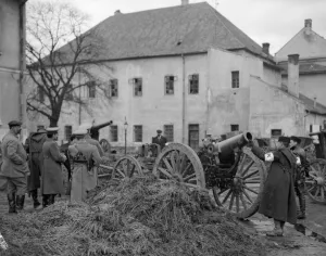 Russian Army Prints: Russian officers inspect captured artillery and transport at Lemberg. September 1914