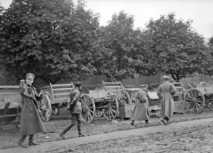 Russian officers inspect captured artillery and transport at Lemberg. September 1914