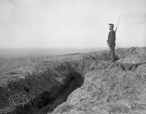 Russian Army Prints: Russian sentry stands guard over trenches overlooking the village of Halicz