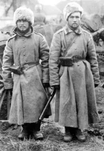 Two Russian Siberian troopers in their winter clothes during fighting on the Eastern