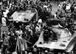 00082 Prints: Russian tanks in Prague 1968 Czechoslovakia people stare at Russian soldiers on tank