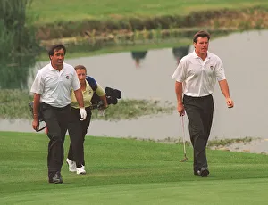 Ryder Cup Europe v USA September 1993 Nick Faldo golfer walks with his partner in