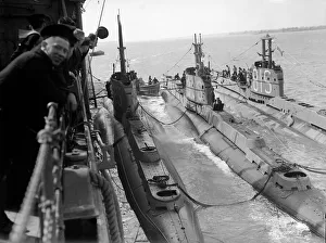 Submarines Prints: S Class submarines of the Royal Navy tied up alongside a depot ship