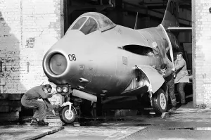 A Saab J29 Flying Barrel'jet aircraft leaves the workshop after being