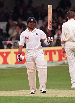 Sachin Tendulkar celebrates his fifty against England in the third test at Trent Bridge