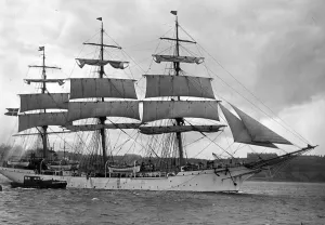 The sailing ship Danmark - Danish Training Ship leaving the River Tyne