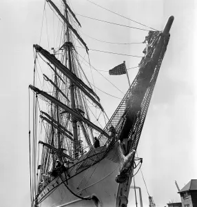 Sails Prints: The US sailing ship SS Eagle arriving at Greenwich on the River Thames Circa 1955
