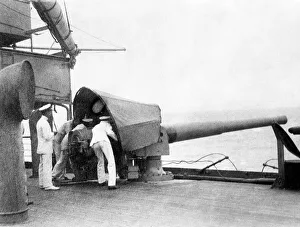 Sailors firing the first shots from a British Royal Navy warship 10th December 1914